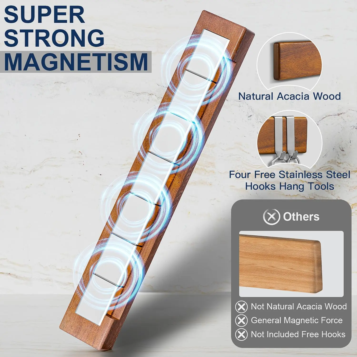 Magnetic Knife Holder for Wall - Wood Knife Strip with Magnetic Gift Box - Powerful Knife Bar with 4 Hooks, No Drilling or Screw Mount