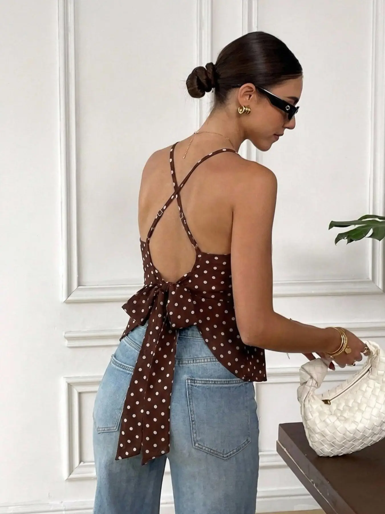 Women's Polka Dot Cross Strap Cami Top, Elegant Summer Backless Tie Front Blouse, Flowy Chiffon Shirt for Lunch Breaks