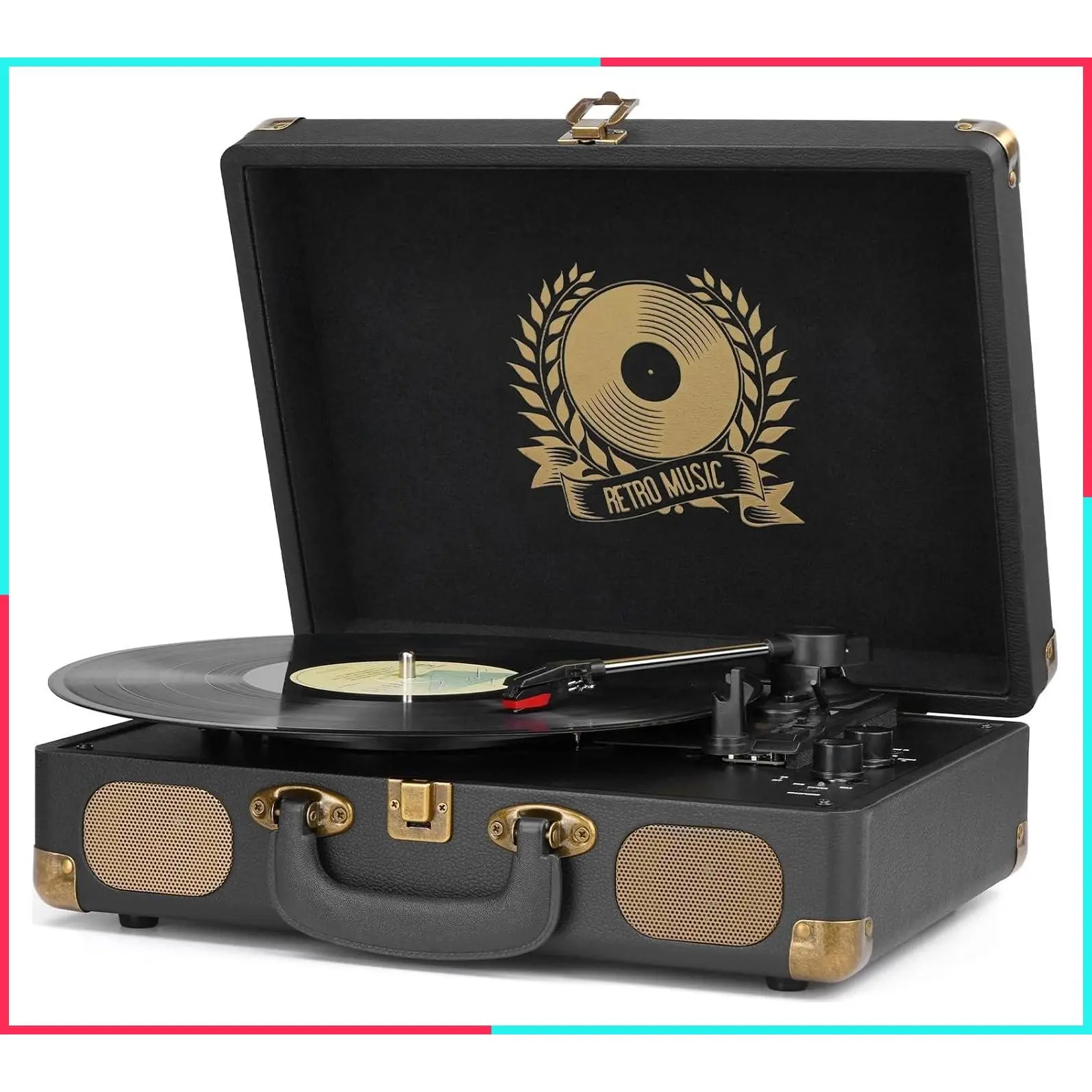 Vinyl Record Player Bluetooth 3-Speed Portable Vintage Suitcase with Built-in Speakers, RCA Line Out AUX in Headphone Jack Vintage Turntable, Black