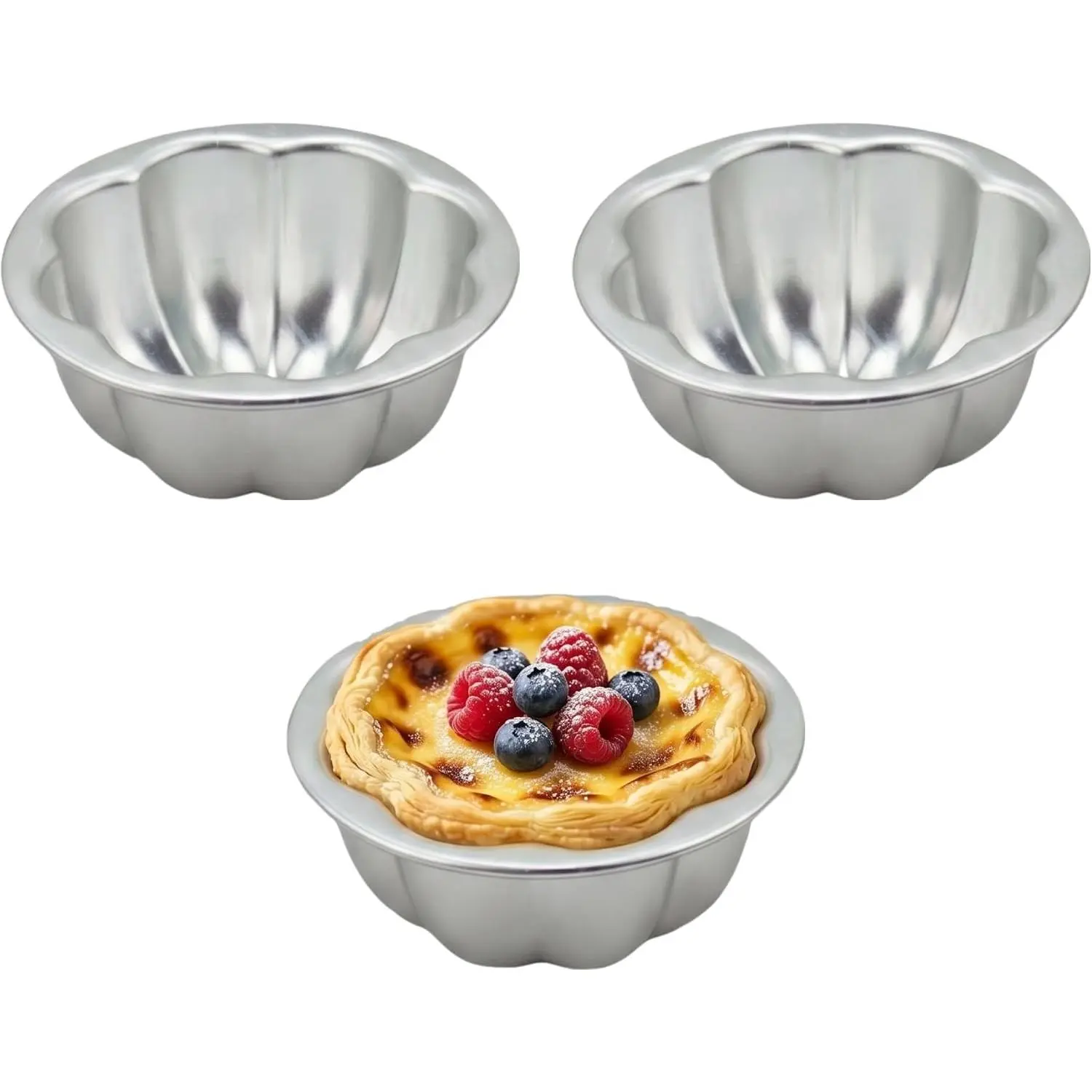 3 Pack Flower Shape Tart Molds for Baking,   Alloy Nonstick Mini Pudding Molds, Individual Cupcake and Muffin Cups for Egg Tarts, Jello, Flan