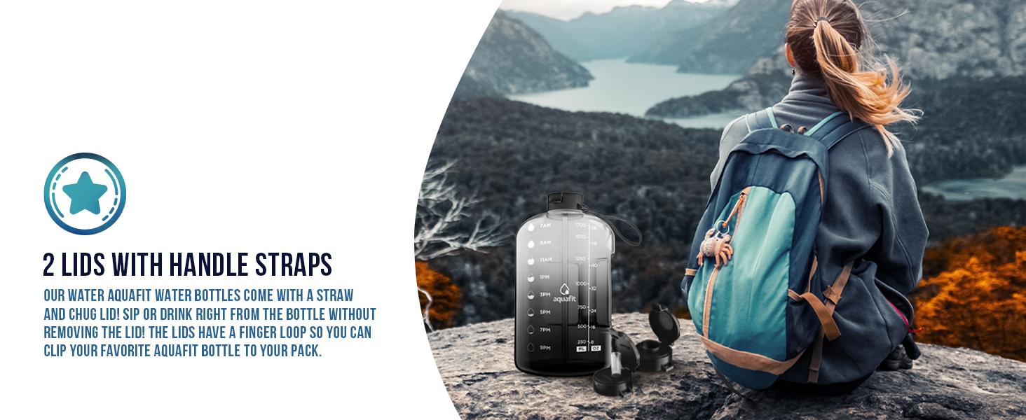 AGS AQUAFIT 64 oz Water Bottle with Time Marker - Straw & Chug Lid - BPA Free Half Gallon Gym Water Bottle with Handle - Big Gallon Jug (Gray, 64 Ounces)