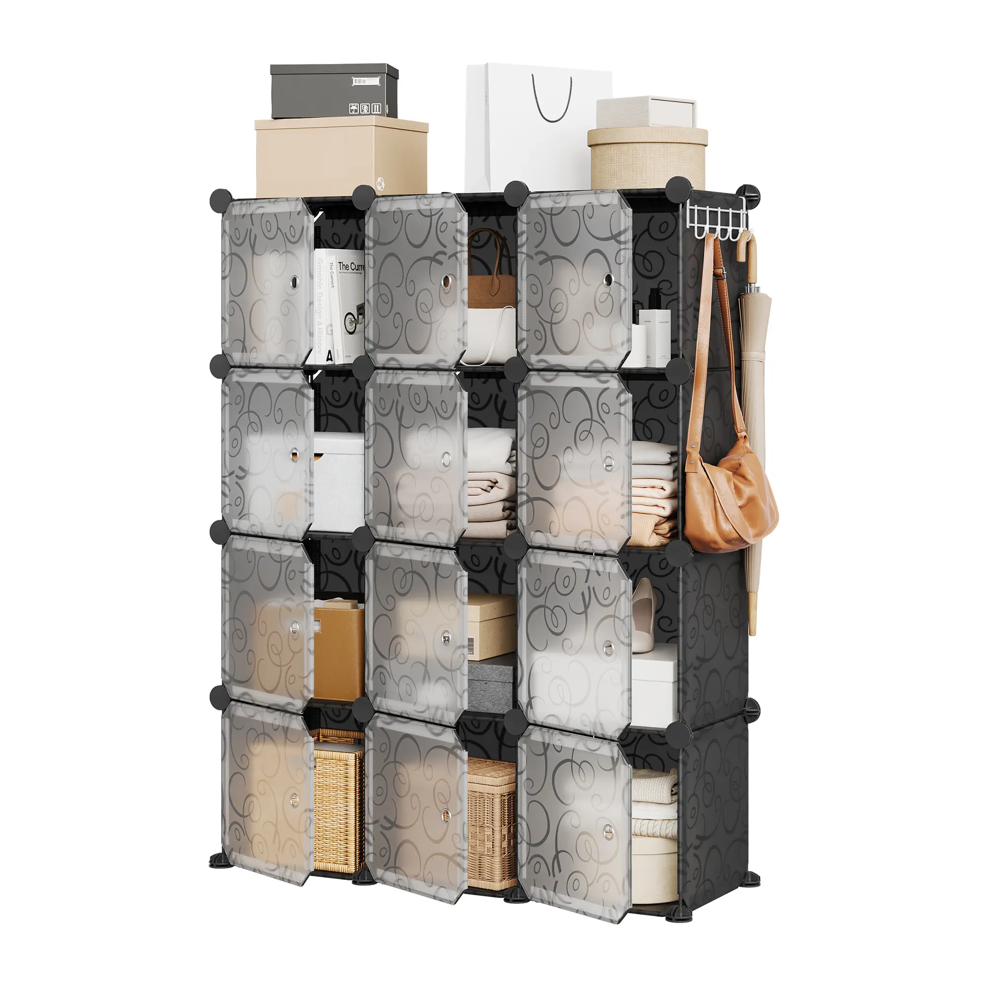 12 Cube Storage Organizer with Doors, Closet Storage Shelves, DIY Plastic Closet Shelf, Modular Bookcase, Stackable Shelving Rack with Doors for Bedroom, Living Room