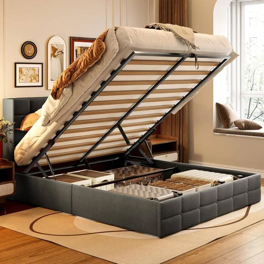 Full/Queen Size Lift Up Storage Bed, Upholstered Platform Bed Frame, Modern Wingback Headboard, Woodern Slats Support, Hydraulic Storage, No Box Needed,'s Day Ideas