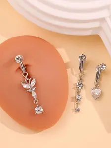 3 Pcs Cubic Zirconia Dangle Non-Piercing Navel Rings, Butterfly Clasp Fake Belly Button Jewelry, Party Night Club Accessories for Women