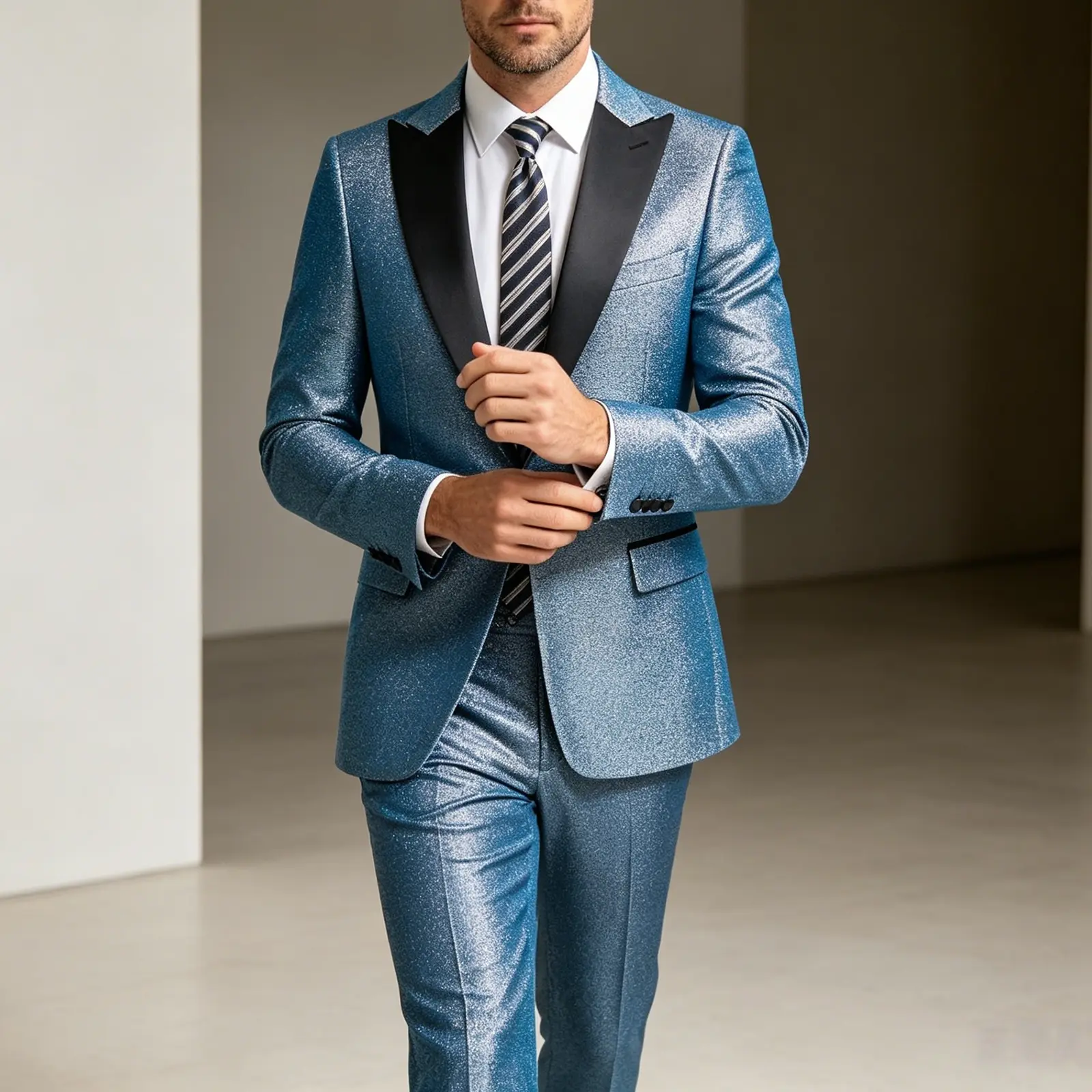 Men's Sky Blue Glitter Tuxedo Set - Long Sleeve Slim Fit Jacket & Blazer, Matching Pants for Wedding, Prom | Menswear Formal Attire, Casual, Fabric, Clothes, Outfits