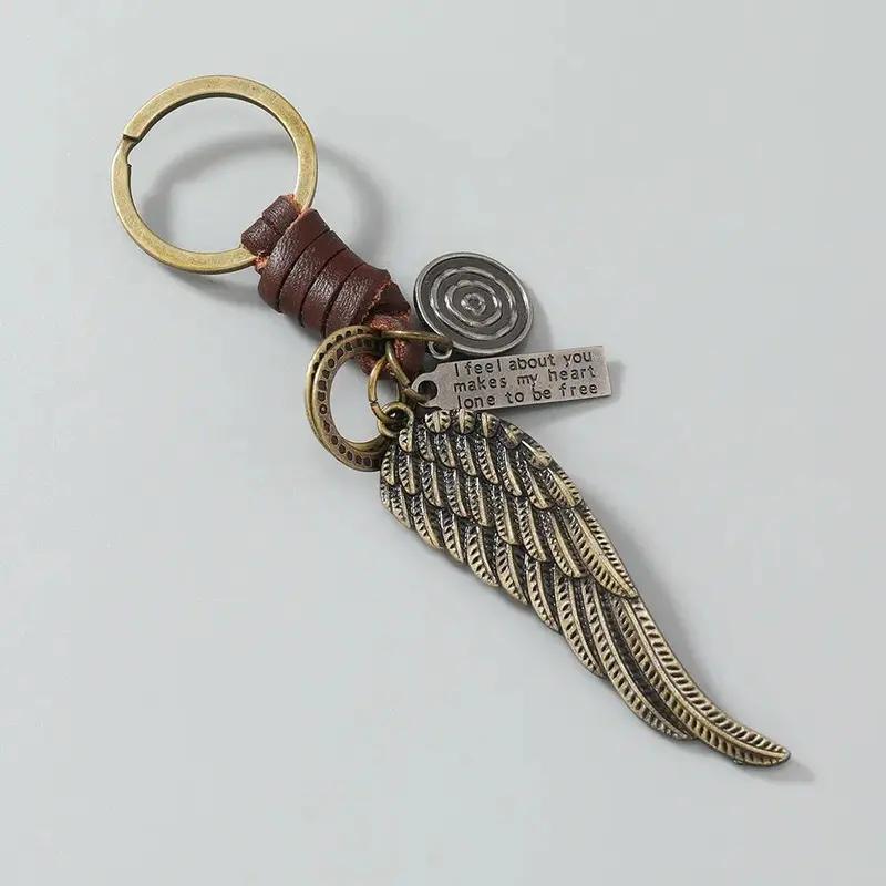 Vintage Angel Wing Keychain, Retro Leather Metal Wing Pendant Key Ring, Inspirational Quote Tag Key Accessory, 2 Colors Black Brown Optional