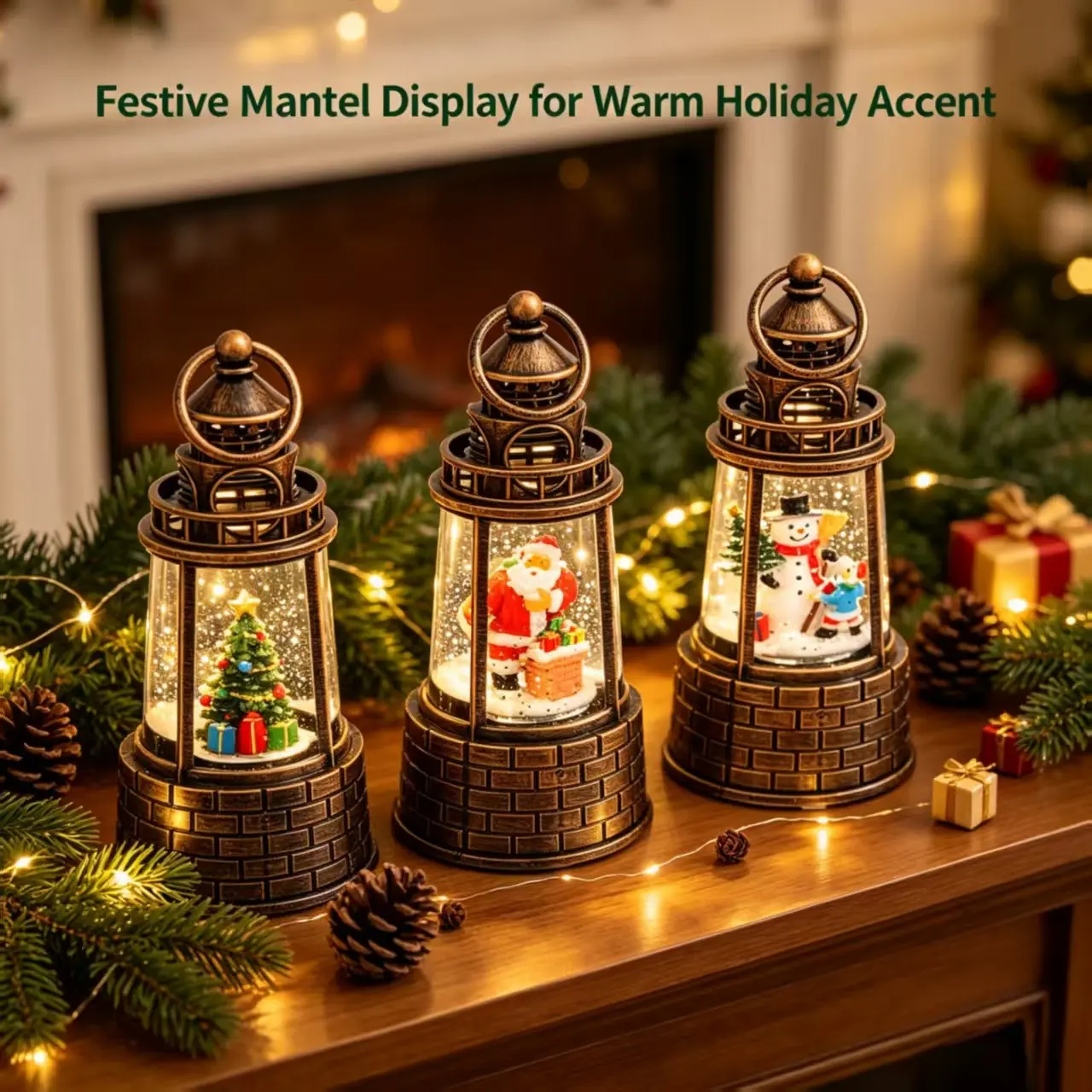 Three Indoor Christmas Lighthouse Snowflake Night Lights, Santa Claus Snowman Tree Dynamic Snow Display, Creative Holiday Gift