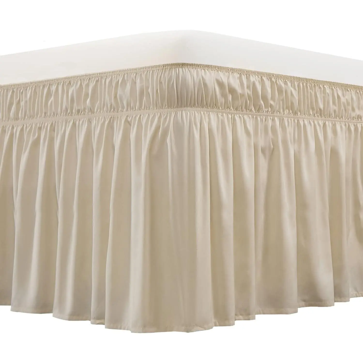 Wrap Around Bed Skirt Three Fabric Sides Elastic Dust Ruffled 16 Inch Tailored Drop,Easy to Install Fade Resistant-Beige, Queen/King | Three-Side Adjustable Elastic Dust Ruffle, Ruffled Polyester Fabric, Easy to Install, Fade Resistant & Machine Wash
