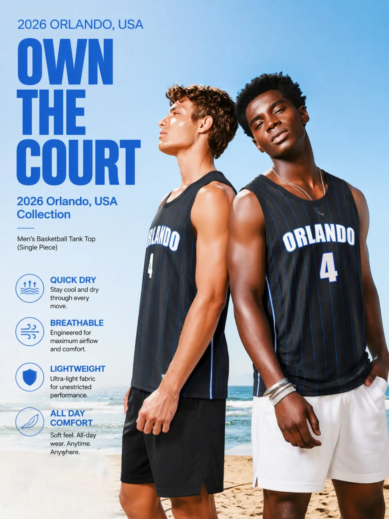 Men's Orlando Sleeveless Basketball Jersey, Vertical Stripe Sport Training Vest, Ideal for Games, Outdoor Workouts, Gym, Running, Casual Wear