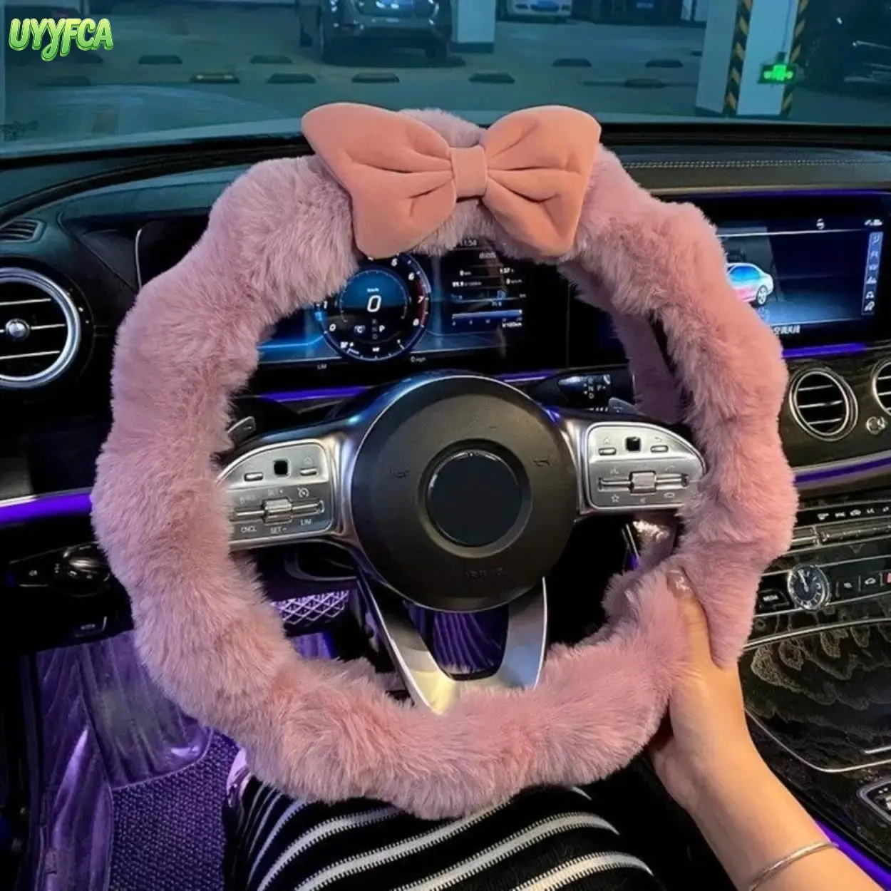 Coquette Bowknot Steering Wheel Cover for Women, Fluffy Faux Fur Car Decor, Universal 38cm Warm Winter Accessory with Anti-Slip Grip, Universal Size, Wave Shape tiktokshopbacktoschool,back to school,back to school haul
