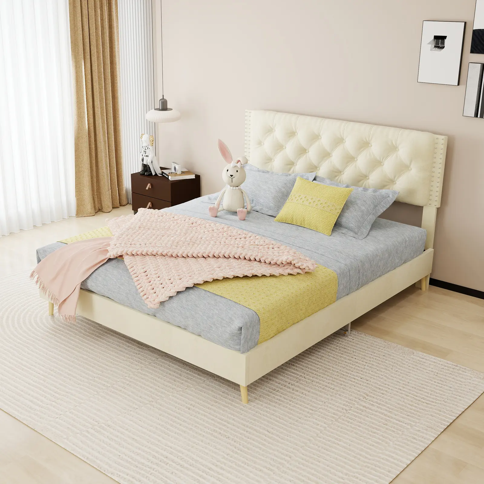 ARCH Velvet Upholstered Queen Bed Frame with Sturdy Structure, Beige Platform Bed for Master Bedroom, Luxury Comfortable Bed Frame No Box Spring Needed, Easy Assembly, Home Furniture and Household Product Search Terms for US Online Shopping