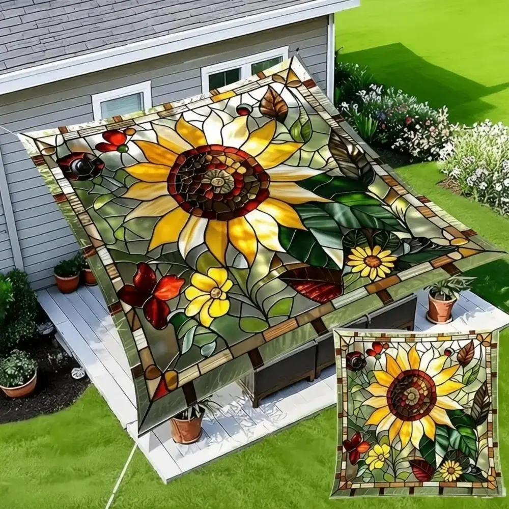 Rectangular Sunflower Print Sun Shade Sail, Waterproof Fade-Proof UV Protection Canvas Awning, Outdoor Canopy for Garden Backyard Deck Camping