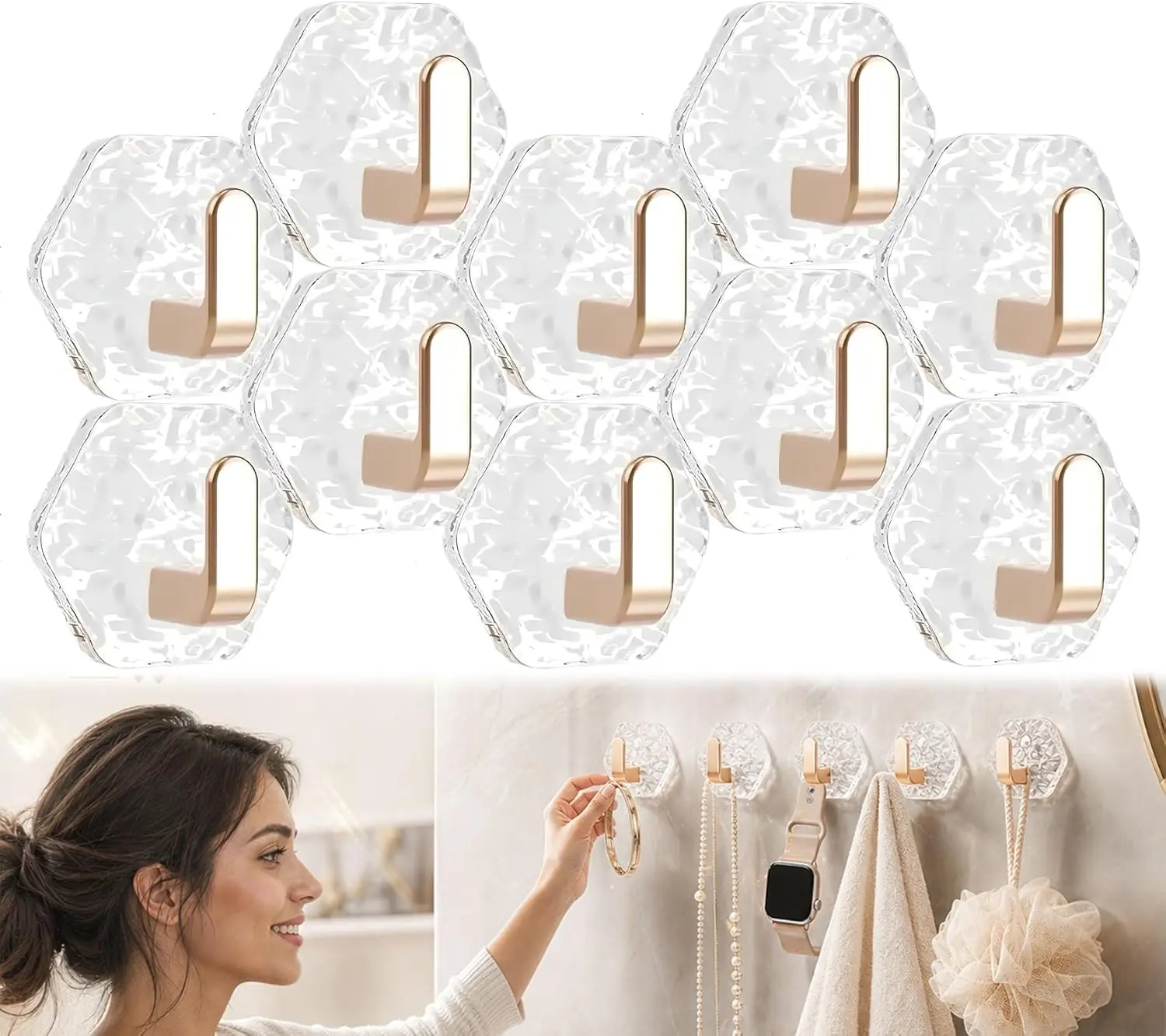 Self-adhesive hooks, pack of 10 or 20, wavy hexagon design, strong adhesive hooks, waterproof and rustproof, for bathroom, kitchen, keys, towels, and coats, home storage organizer, easy installation