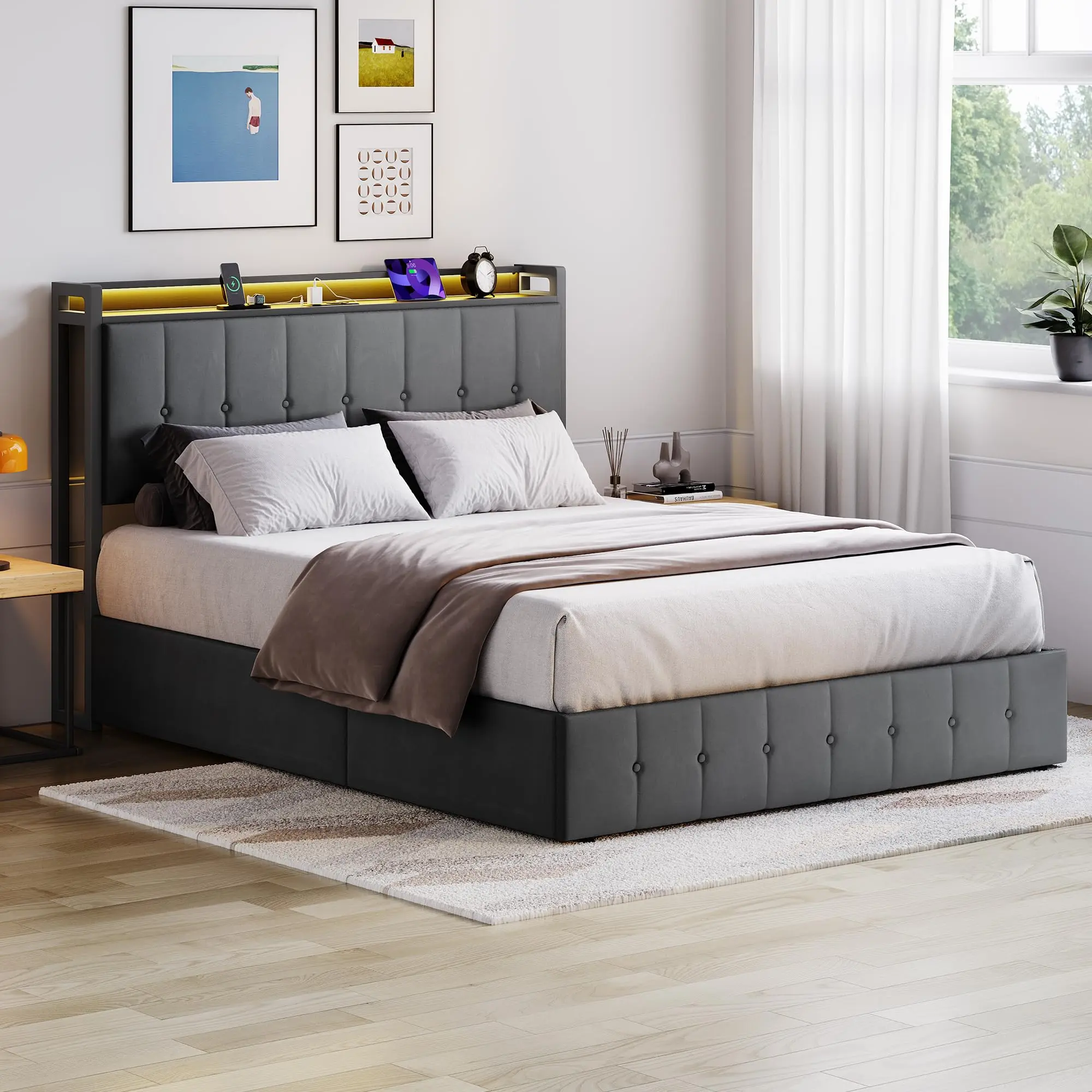 Upholstered Lift Up Storage Bed Frame with LED Lights, Hydraulic Support, Charging Station, Metal Platform, Button Tufted Headboard, Noise Free, No Box Spring Needed, Available in Full, Queen, King Sizes