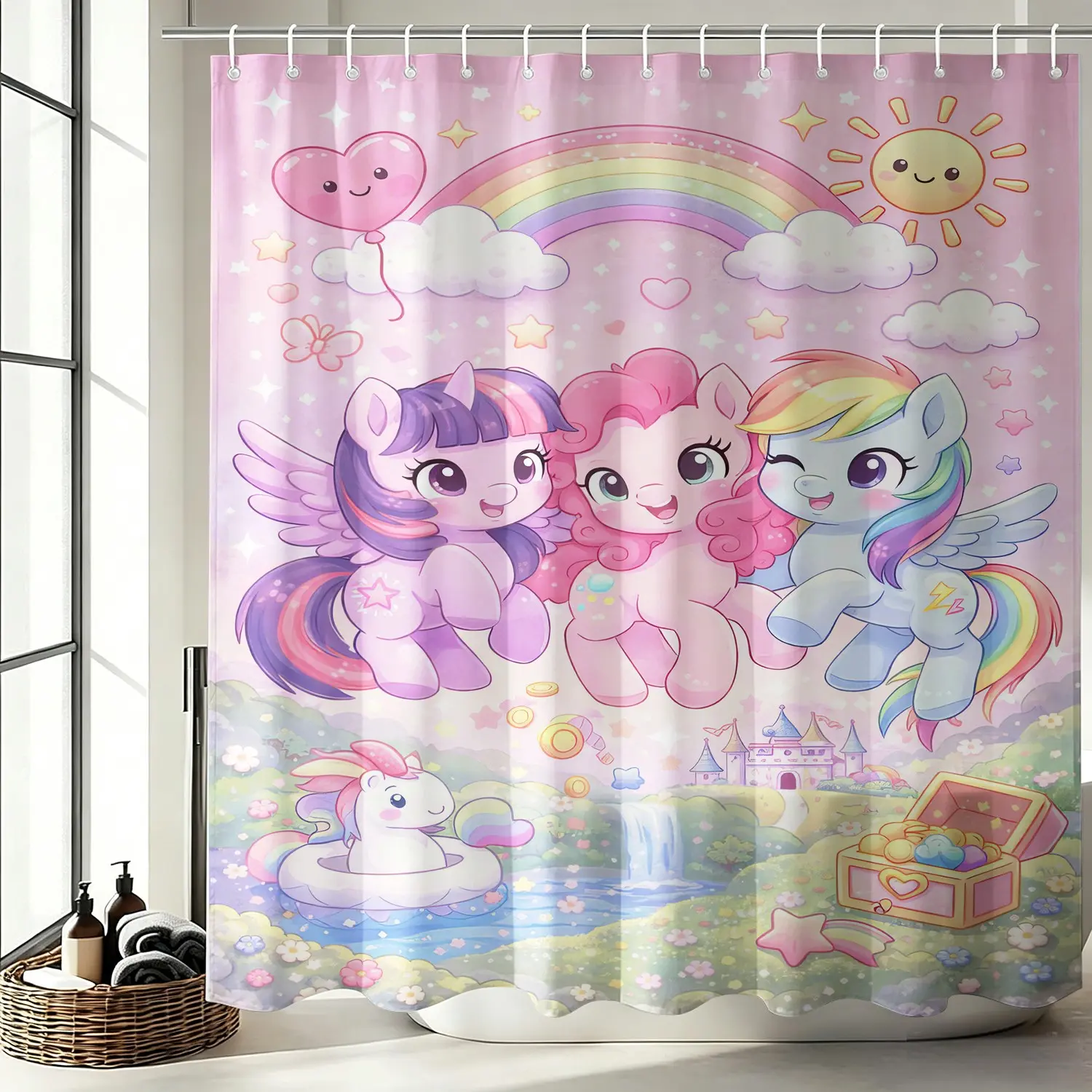 Cute Cartoon Pony Rainbow Shower Curtain, Pink Magical Unicorn Castle Pattern Waterproof Bathroom Curtain, 72"×72" with Quick Install Hooks, Dreamy Kids Girls Bathroom Home Decor