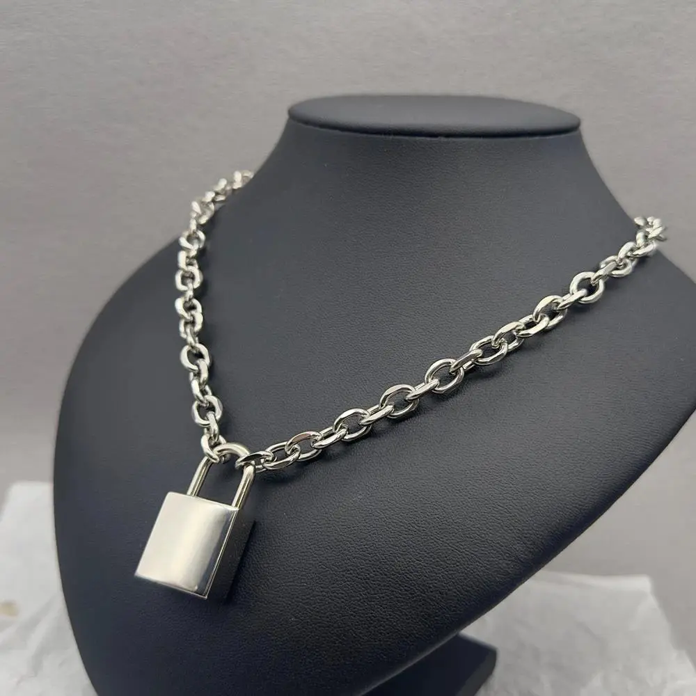 Punk Solid Stainless Steel Chain Oversized Padlock Necklace Women Mens Unisex Chunky Heavy Lock Key Necklace Handmade Jewelry