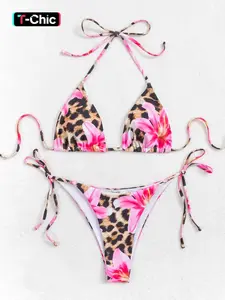 Two-piece Set Women's Floral & Leopard Print Set, Casual Fashion Chic Swimsuit Set for Beach Holiday Vacation, Ladies Swimwear for All Seasons, Bathing Suits, Bikinis Sets, Bikini Outfits, Flower Print Bikini, Animal Print Bikini