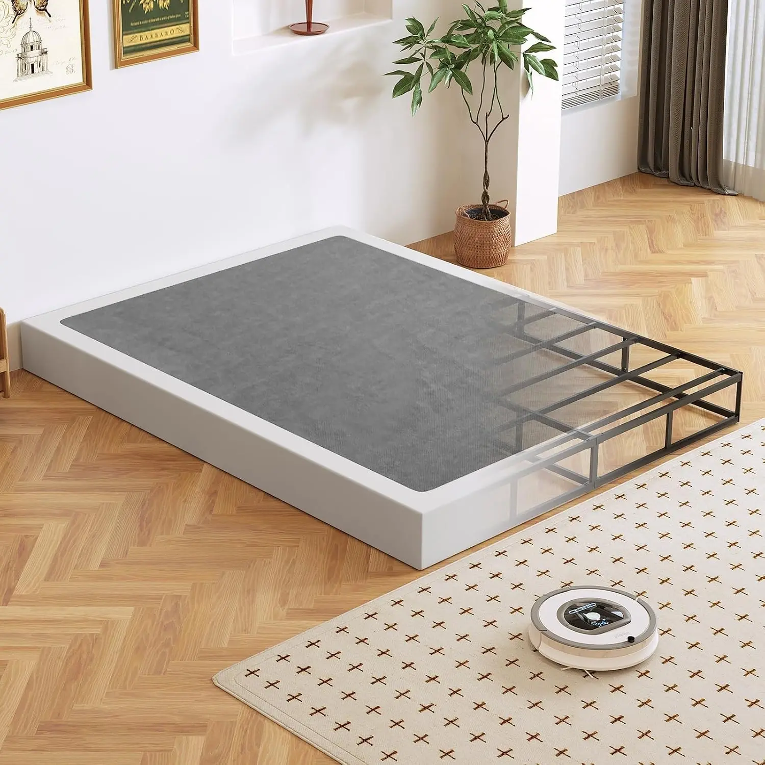 Queen Fit Low Profile Box Spring Mattress Base - 7 in Metal Frame with Fabric Cover, Steel Slats, Easy Assembly, Noise-Free