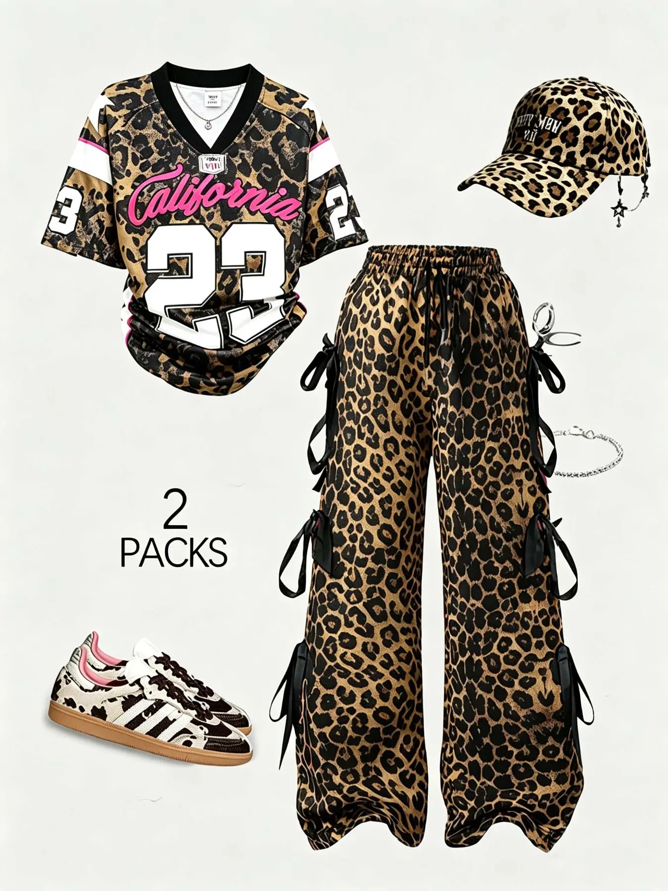 Women's Leopard Print Baseball Jacket & Drawstring Wide Leg Pants Set, Womenswear, Vintage American Style Y2K, Casual, Loose Fit V-Neck Top, Fashion, Chic