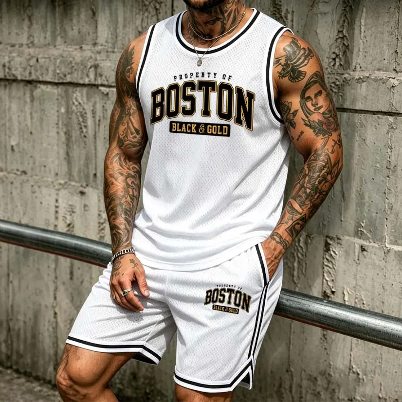 Men's “Property of Boston Black & Gold” Athletic Set: Mesh Basketball Jersey & Shorts Two-Piece Combo — Lightweight, Breathable Sportswear