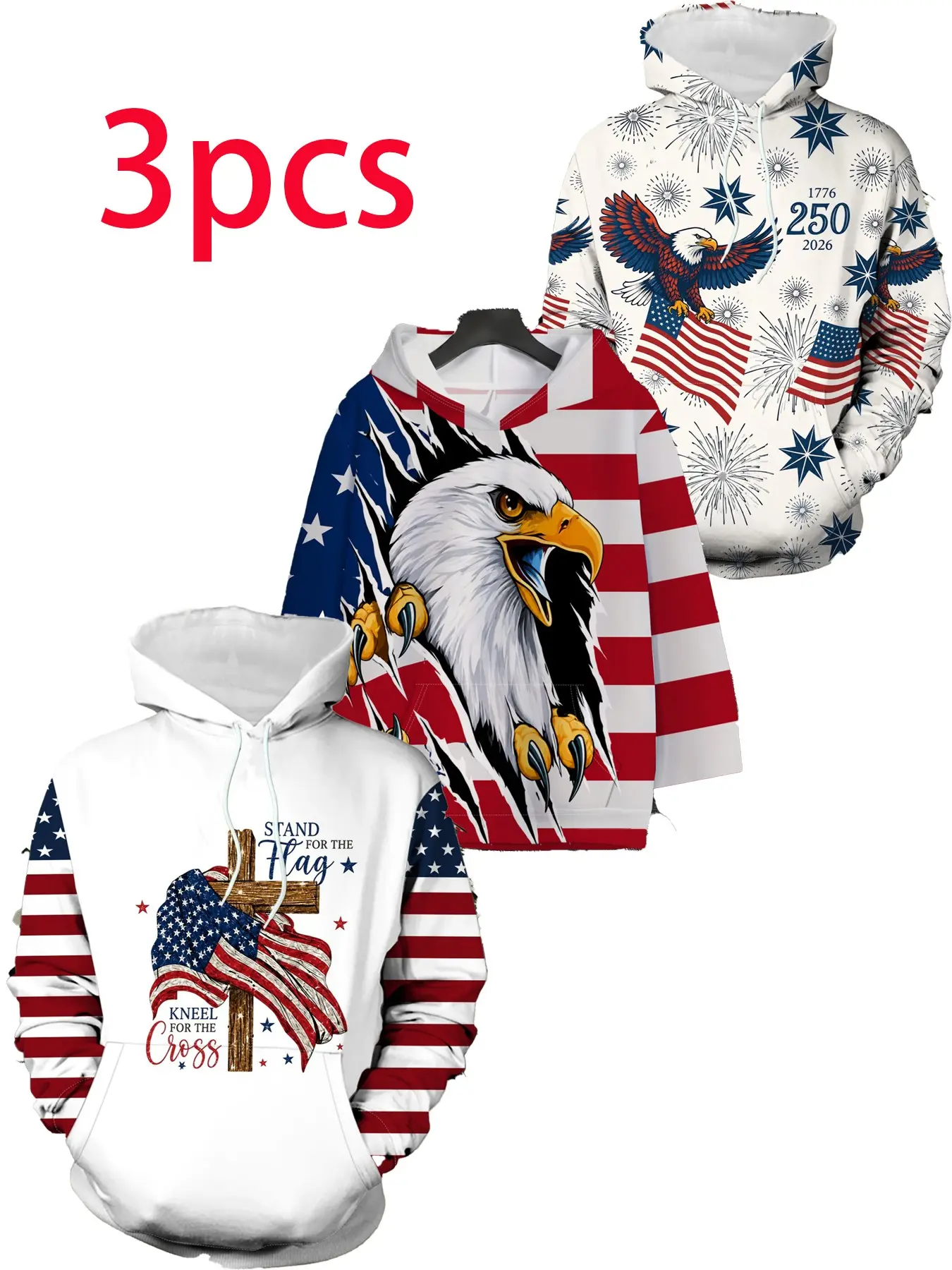 3 Piece Set American Flag Bald Eagle Digital Full Print Hooded Sweatshirt, Vintage Usa Cross Patch Long Sleeve Loose Fit