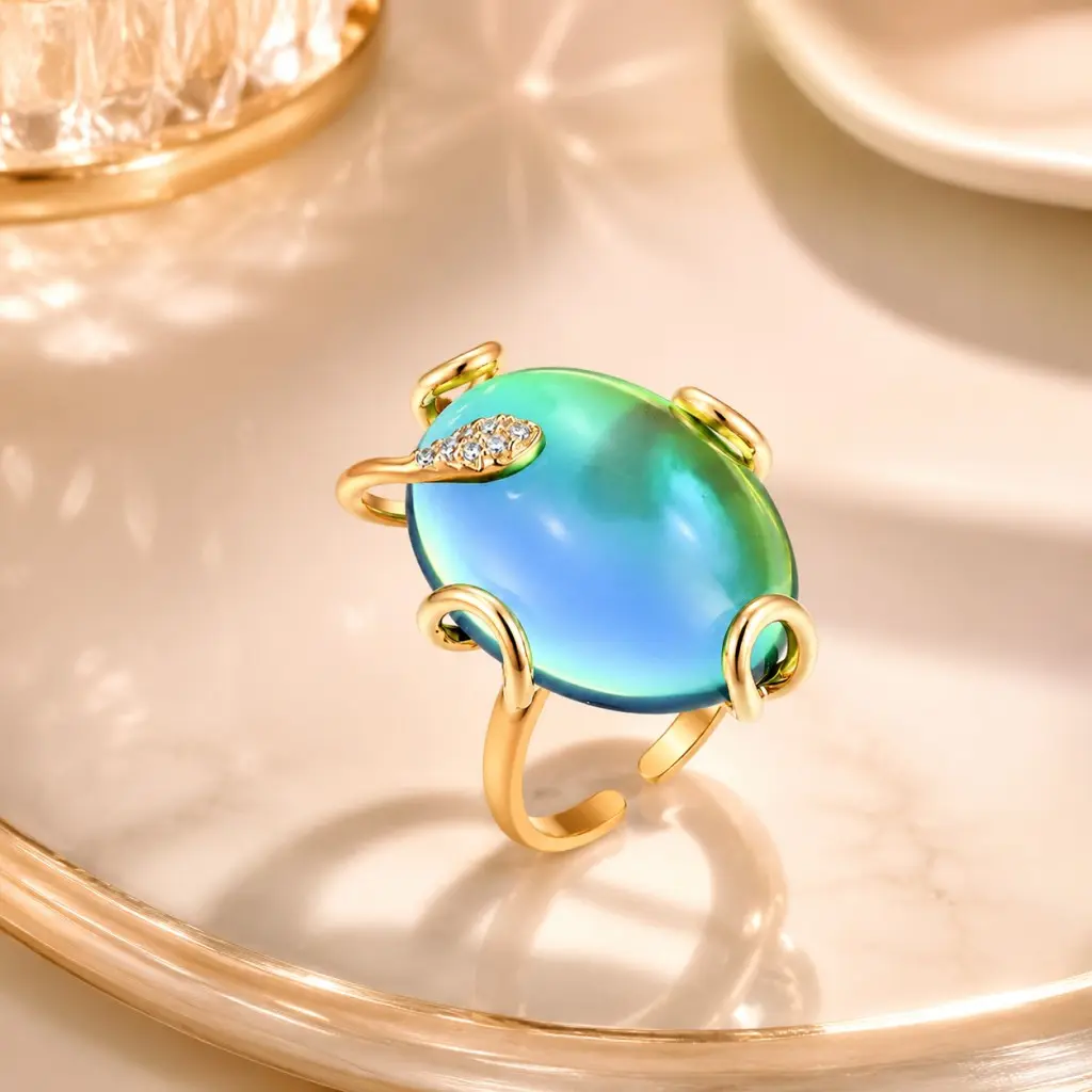 Women's Color-Changing Mood Ring - 20mm*28mm Oval Cabochon, Adjustable Open Copper Band with Colored Glaze & Tiny Rhinestone Inlay, Hypoallergenic Light Luxury Geometric Jewelry Gift for Party Wedding