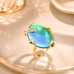 Oval Temperature Color Changing Mood Ring for Women, Adjustable Open Copper Statement Ring with Color Shift Glazed Glass & Tiny Rhinestone Inlay, Light Luxury Geometric Dainty Jewelry Gift for Daily Party Wedding Dating Outfits, Hypoallergenic Large Stone