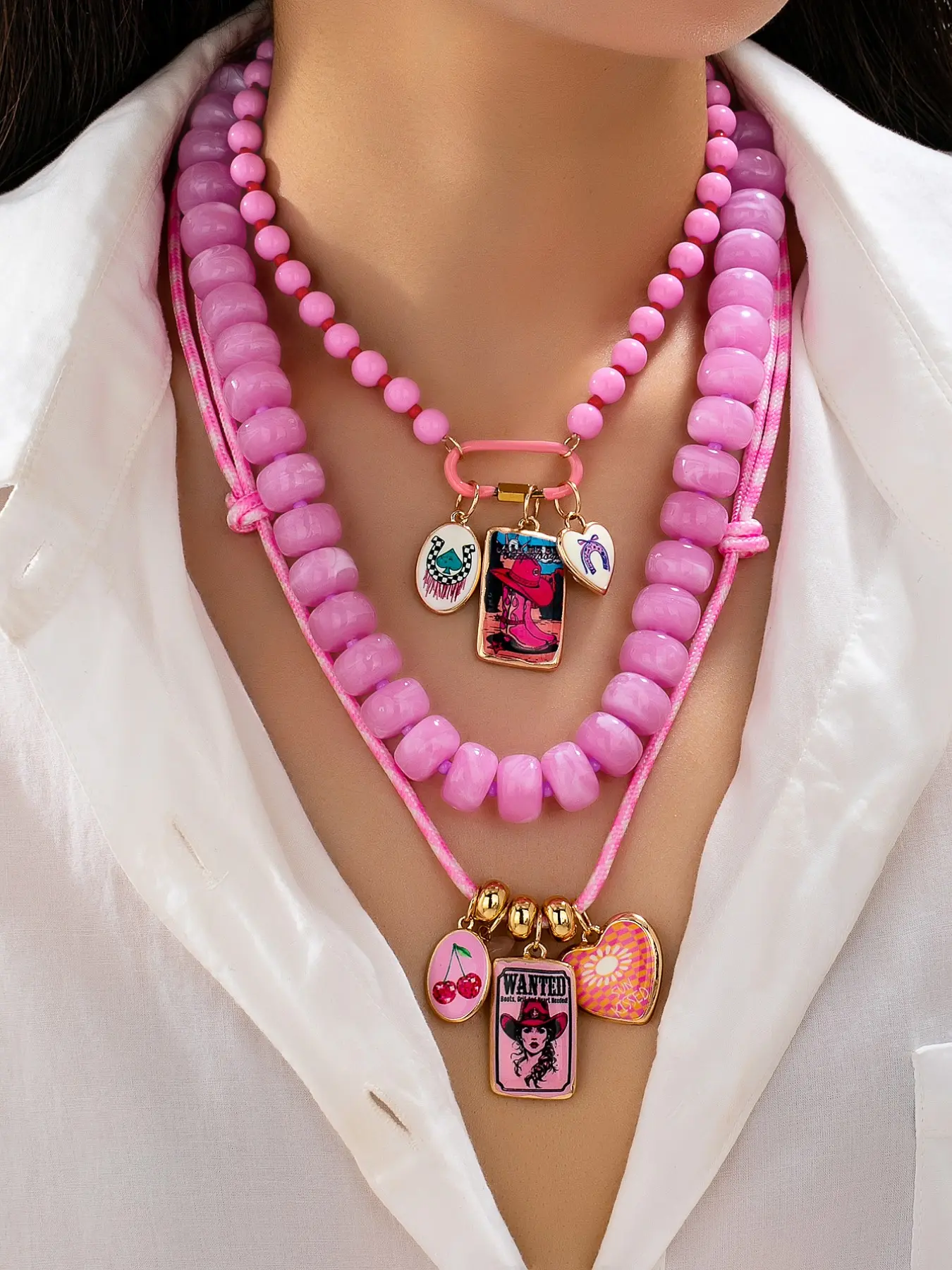 3 Pcs Women Pink Beaded Cowgirl Necklace, Western Enamel Charm Pendant Necklaces Rodeo Country Concert Statement Jewelry