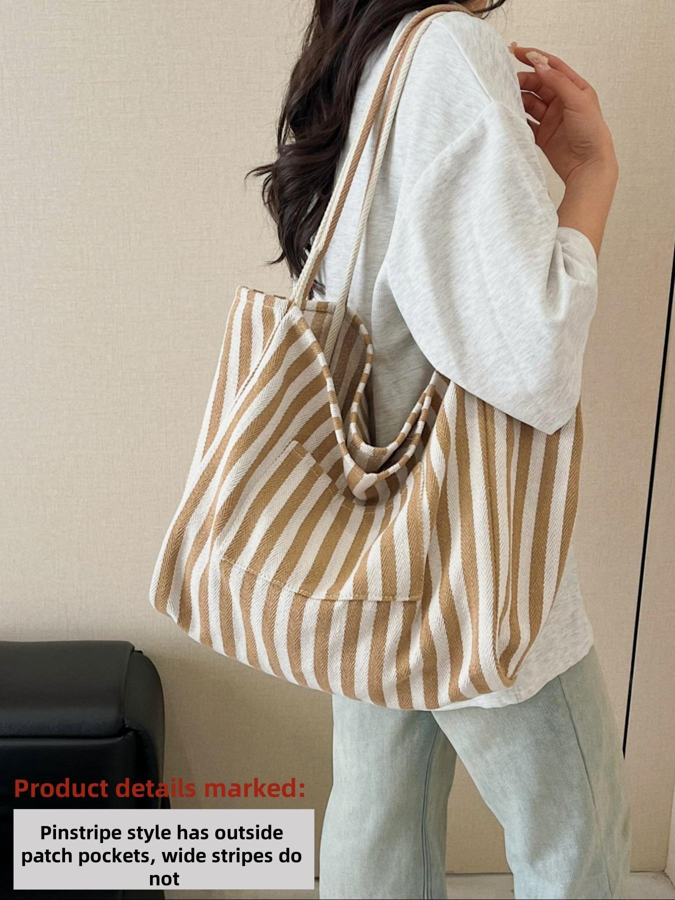 26 Spring Summer Women's Plain Striped Pattern Slouchy Tote Bag, Fashionable Large Capacity Shoulder Bag for Work & Daily Used, Trendy All-match Bag for Commuters and Students