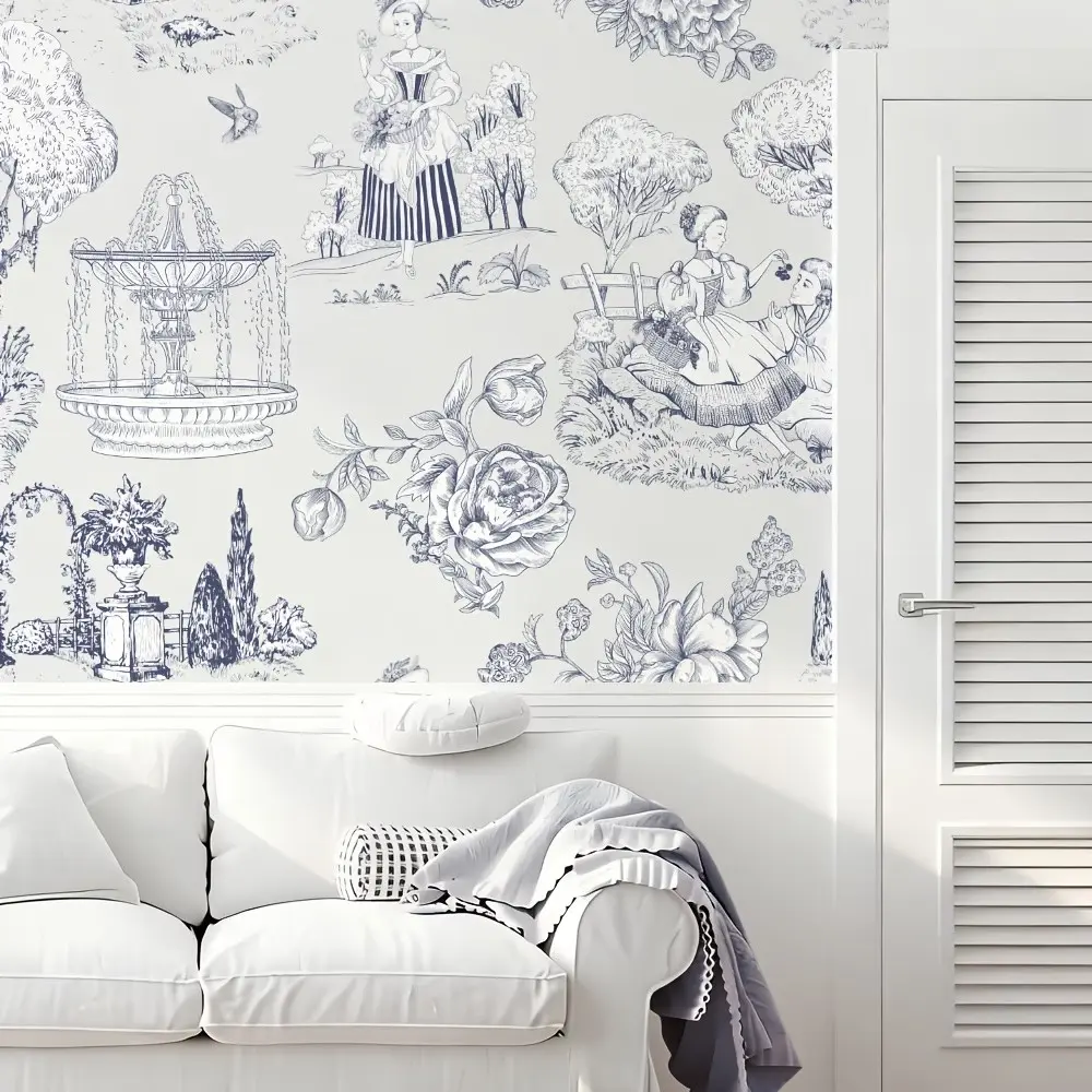 Classic Blue Toile De Jouy Wallpaper, Vintage French Pastoral Floral, Peel and Stick, Self Adhesive Wallpaper, Mould-Proof, Interior Wall Living Room Decor, Bedroom Wallpaper, Summer Home Decor