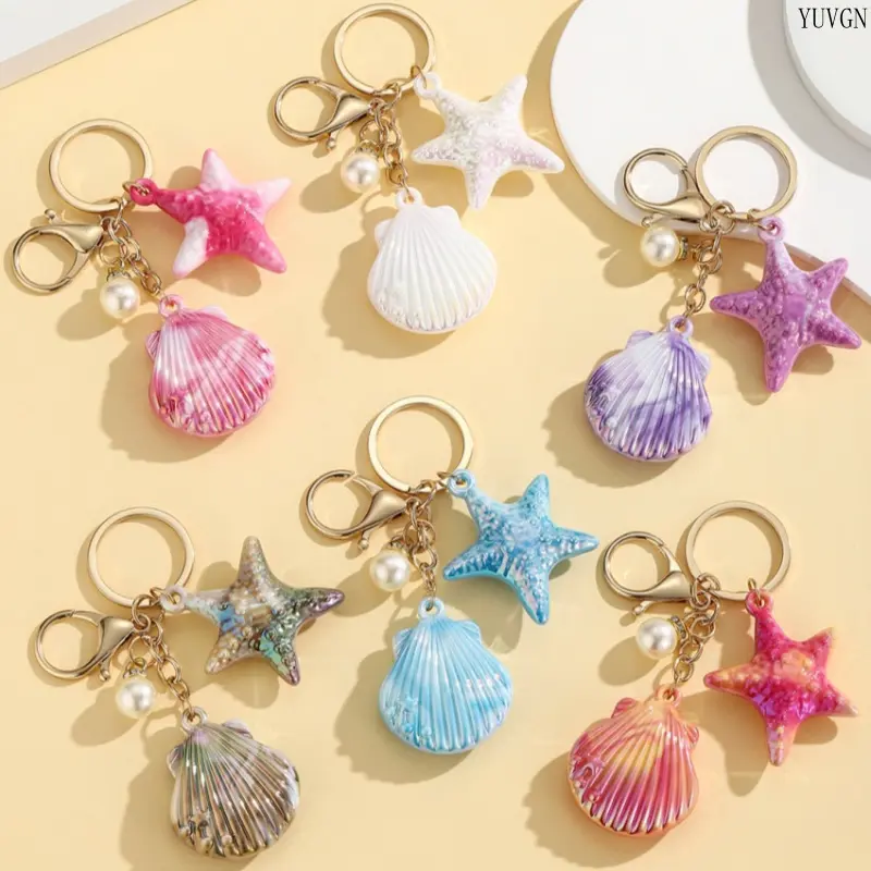 Unisex Sea Theme Shell-Form Key Holder with Pearl Accent, Ocean Starfish-Shell Charm Keychain, Leisure Accessory for Holiday Gifting