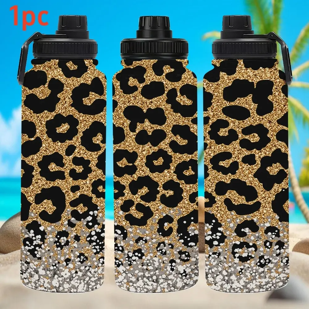 33oz Glitter Leopard Print Insulated Water Bottle | Sparkly Gold & Black Stainless Steel Flask | Reusable Leakproof Sports Bottle for Gym, Travel | Perfect Birthday Gift for Women