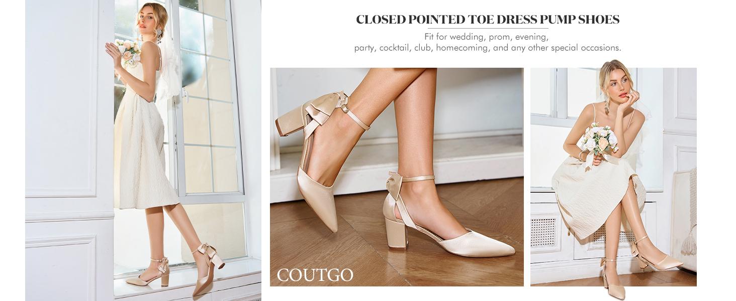 Coutgo Womens Chunky Heels Low Heel Ankle Strap D'Orsay Pumps Closed Pointed Toe Wedding Bridal Shoes