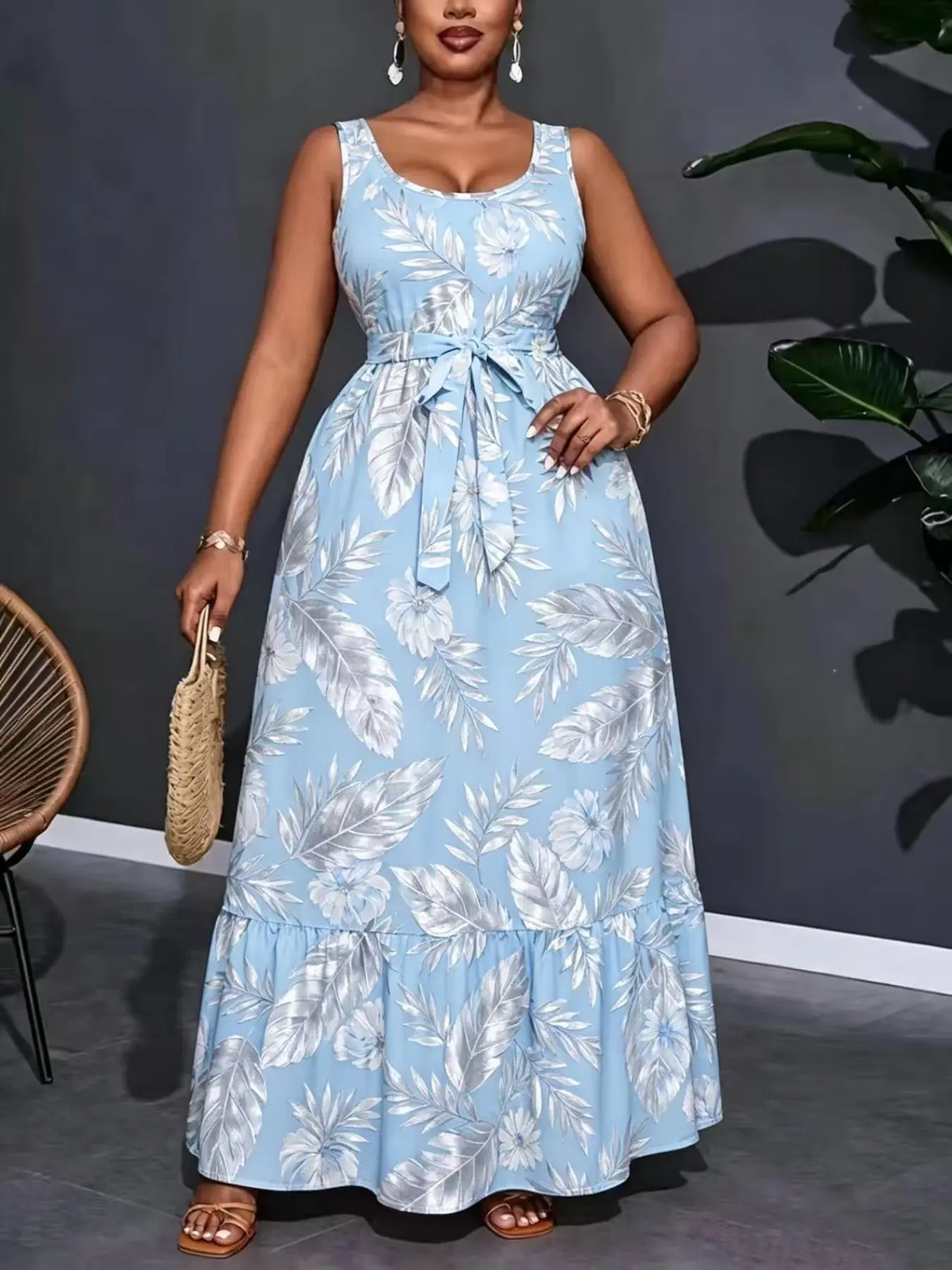 Plus Size Women's New Leaf Print Long Dress, Sleeveless Tie Waist Bohemian Style, Summer Beach Casual Vacation Flowy Dress