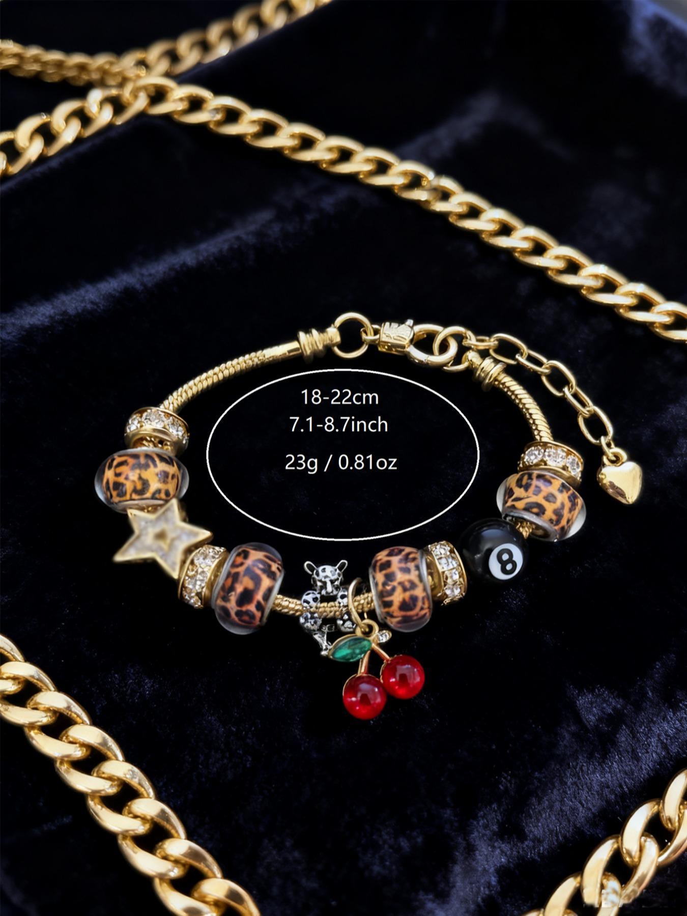 2026 New Women's Leopard Print Rhinestone Cherry Charm Bracelet, Trendy Y2K Iron Chain Bracelet, Versatile All-Season Jewelry & Perfect Gift for Her