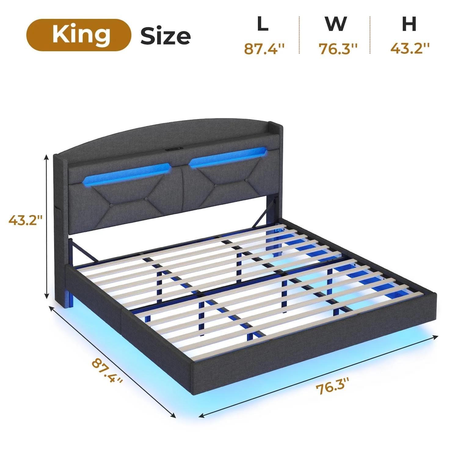 Sikaic Linen LED Floating Bed Frame with Charging Station Dark Grey Headboard And Storage Modern Smart