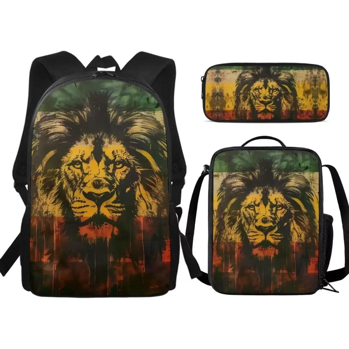 3 Piece Backpack Set for Teen Girls Aesthetic Jamaican Lion Flag Print Schoolbag Middle School Students Bookbag Lightweight Daypack with Insulated Lunch Box & Pencil Case