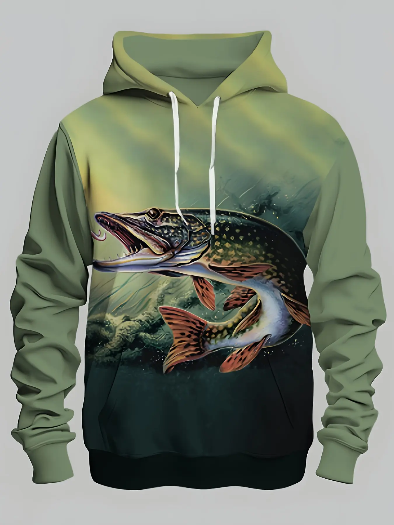 Men's Hoodie with 3D Pike Fish Print, Green Gradient Pullover Hoodie for Fishing Lovers Casual Outdoor Sweatshirt