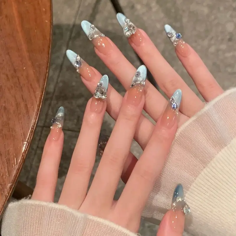 30pcs Long Almond Ice Blue Gradient Stacked Rhinestone Wearable Nails, French Style, Short Nails, Sparkling Silver Foil Accent