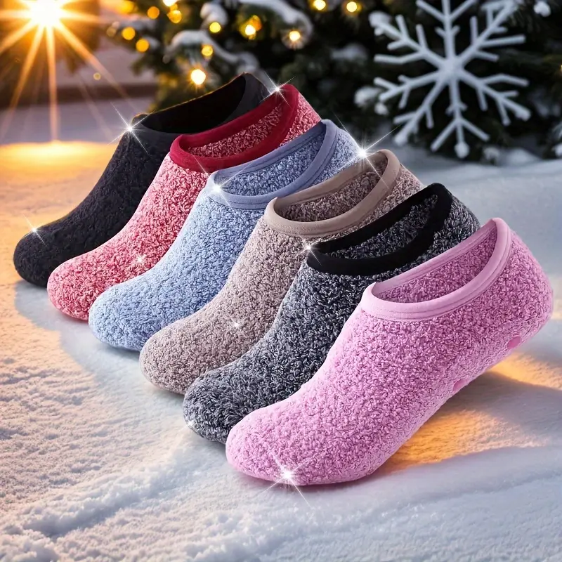 6 Pairs Women's Fuzzy Slipper Socks, Non-Slip Silicone Grip Ultra Warm Plush Floor Socks, Soft Cozy Fleece Indoor House Socks for Winter Bedroom Daily Wear