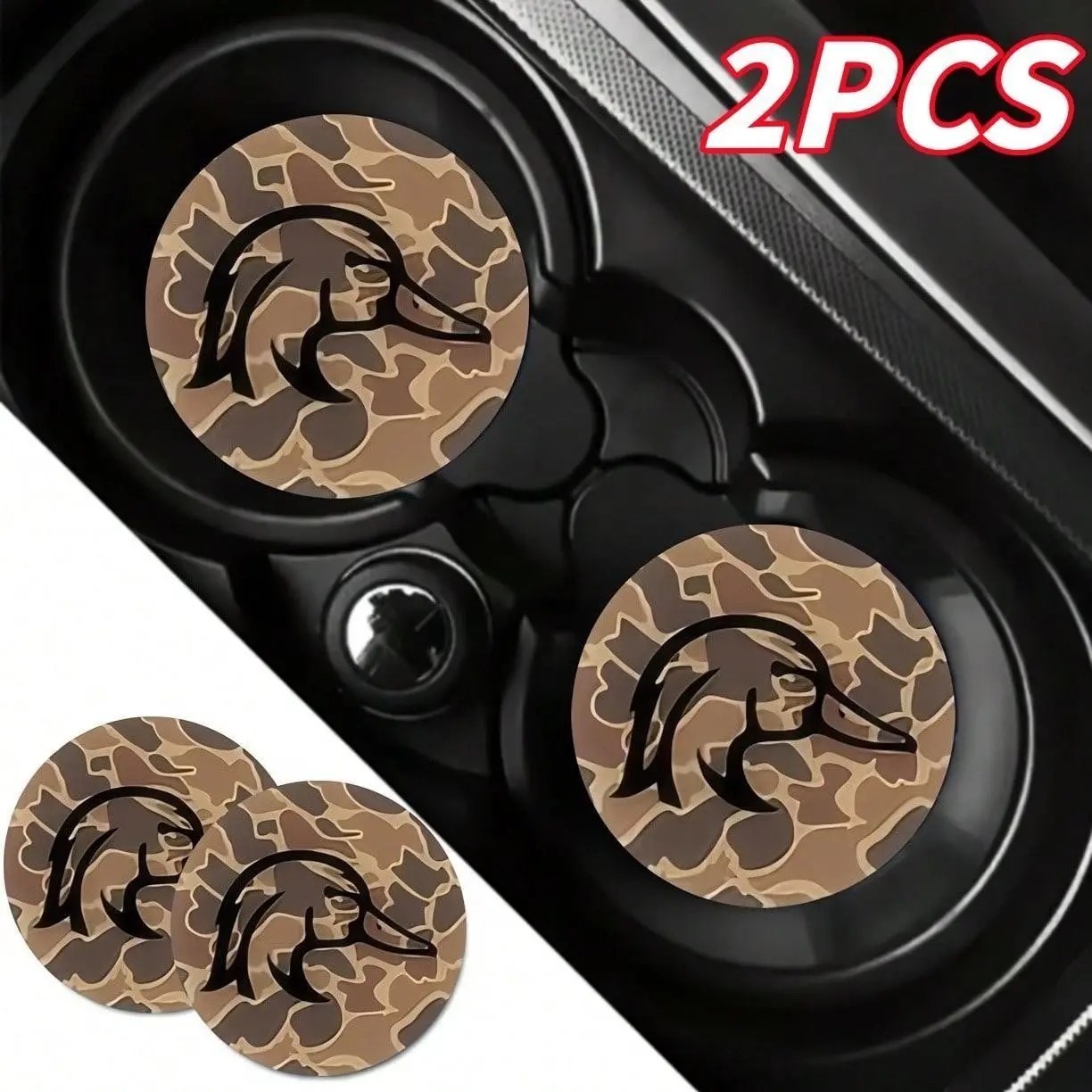 2 Pack Car Cup Holder Coaster, Brown Camouflage Duck Car Coaster, Car Interior Accessories, Automotive Decorative Accessories, Suitable for Vehicle and Home Decoration-Ideal Gift