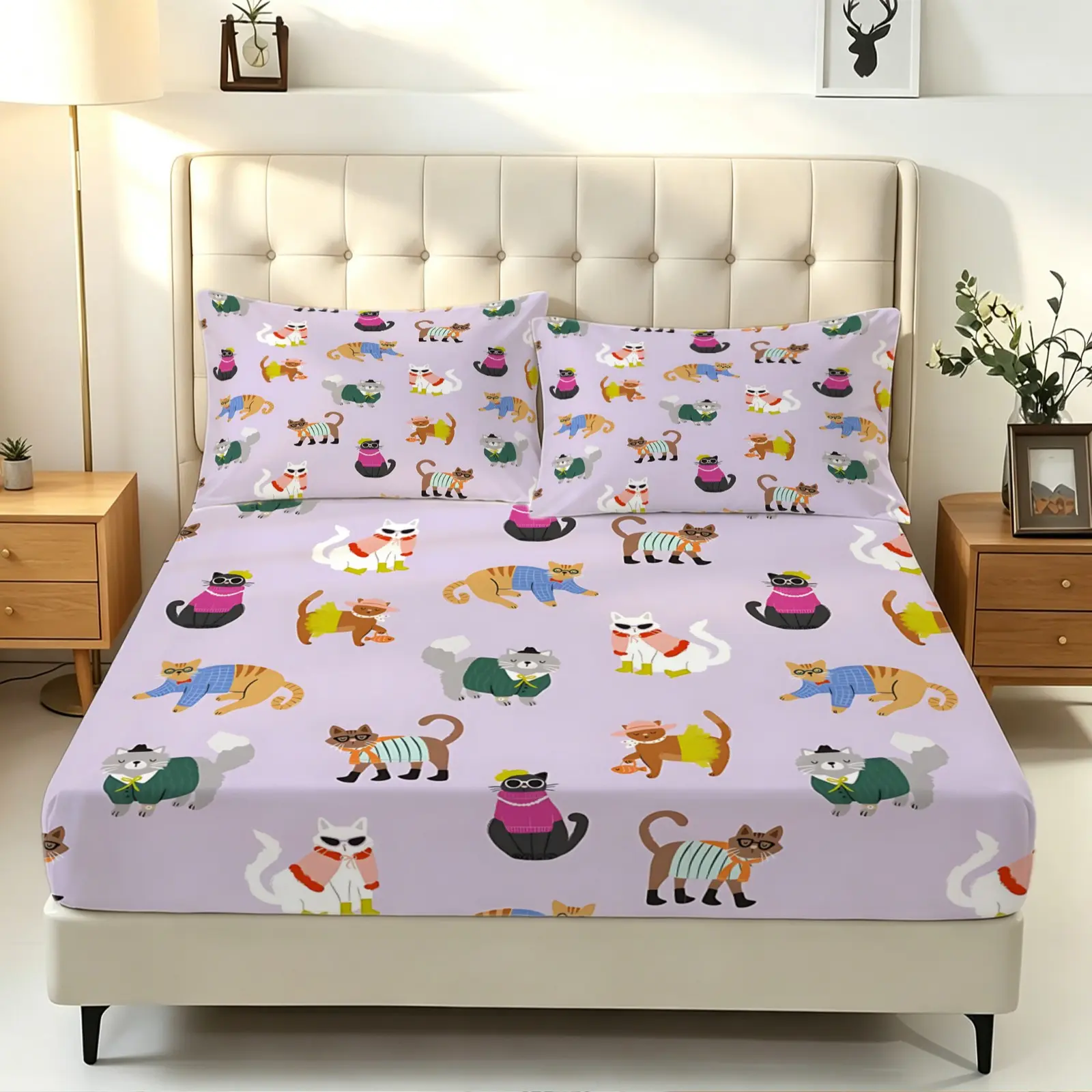 3Pcs Cartoon Animal Digital Print Fitted Sheet Set, Soft Microfiber Bed Sheet Set with Pillowcases, Cute Cat Farm Jungle Wildlife Pattern Bedding Set No Fillers, Deep Pocket Wrinkle Resistant Bed Linen for  Teens Bedroom Decor