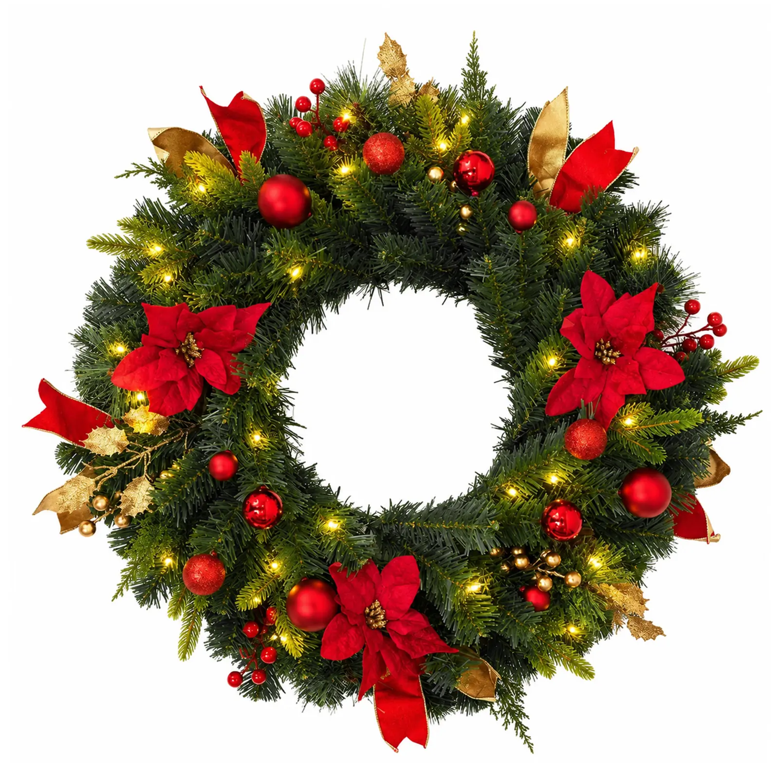 24 Inch Large Christmas Wreath for Front Door - Ball & Berry Ornament Holiday Wreath for Indoor/Window - Rustic Farmhouse Decor with Red Bow - Gold/Red Two-Tone