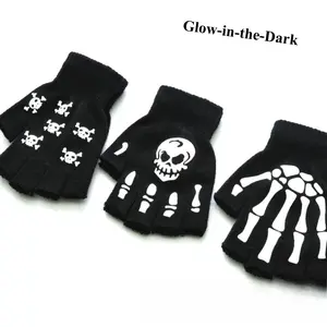 Glow in the Dark Skull Fingerless Gloves – Winter Knit Half Finger Cycling Gloves, Halloween Skeleton Print Aesthetic Warm Grip Gloves for Riding & Outdoor Use