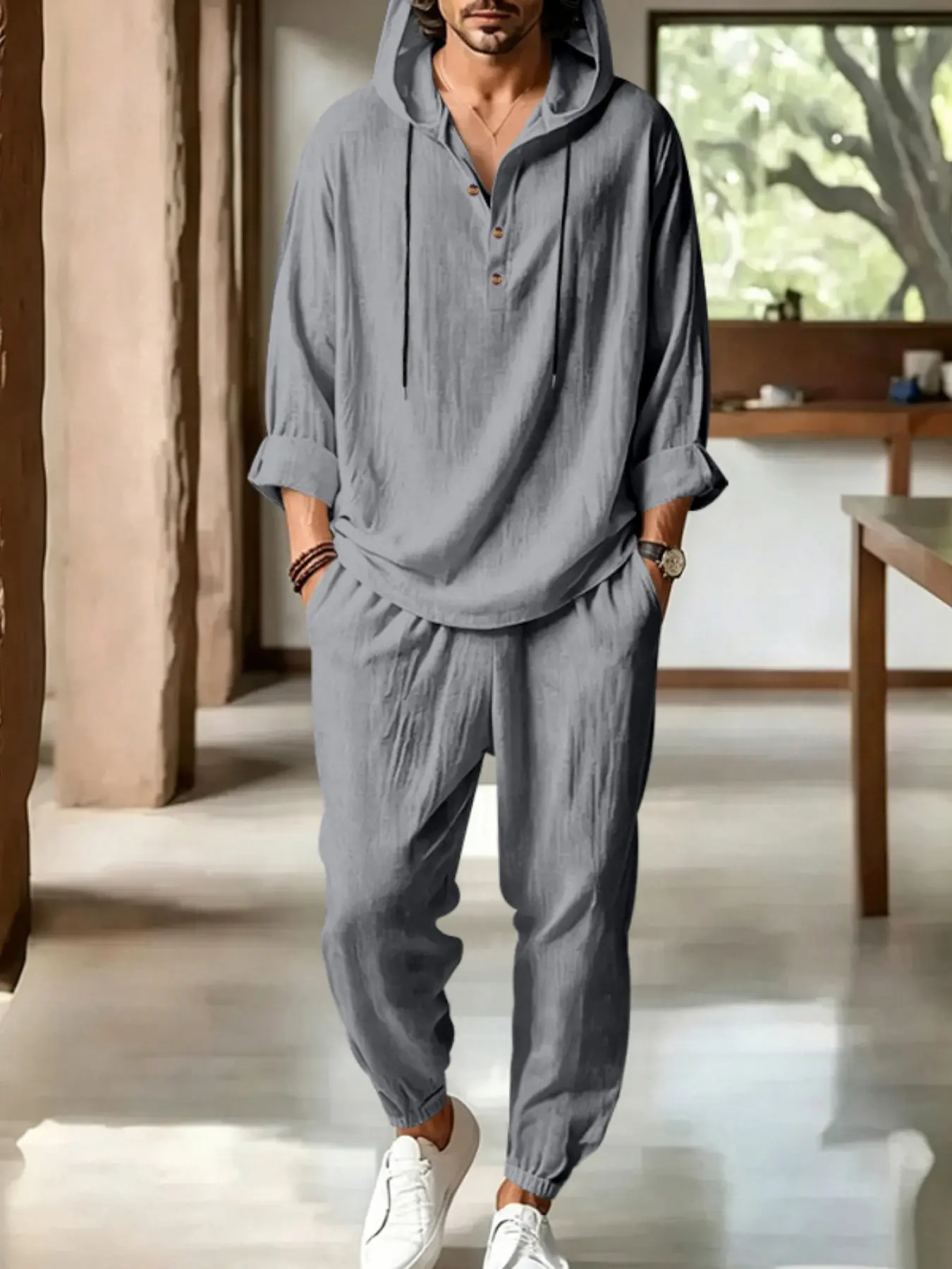 Summer Men's Loose Fit Linen Set, Breathable Hooded Henry Roll-Up Top + Versatile Cuffed Long Pants, Casual Vacation Home Wear