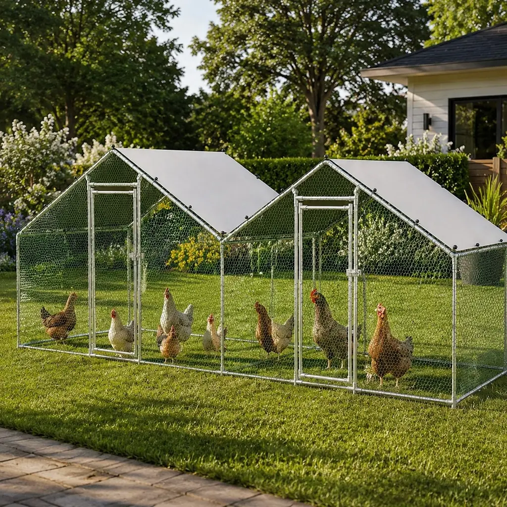 6x20ft Heavy Duty Galvanized Steel Walk-In Chicken Cage - Double Peak Weatherproof Roof, Small Hex Mesh, Dual-Zone Design, Predator Proof Outdoor Poultry Coop for Backyard, Grey