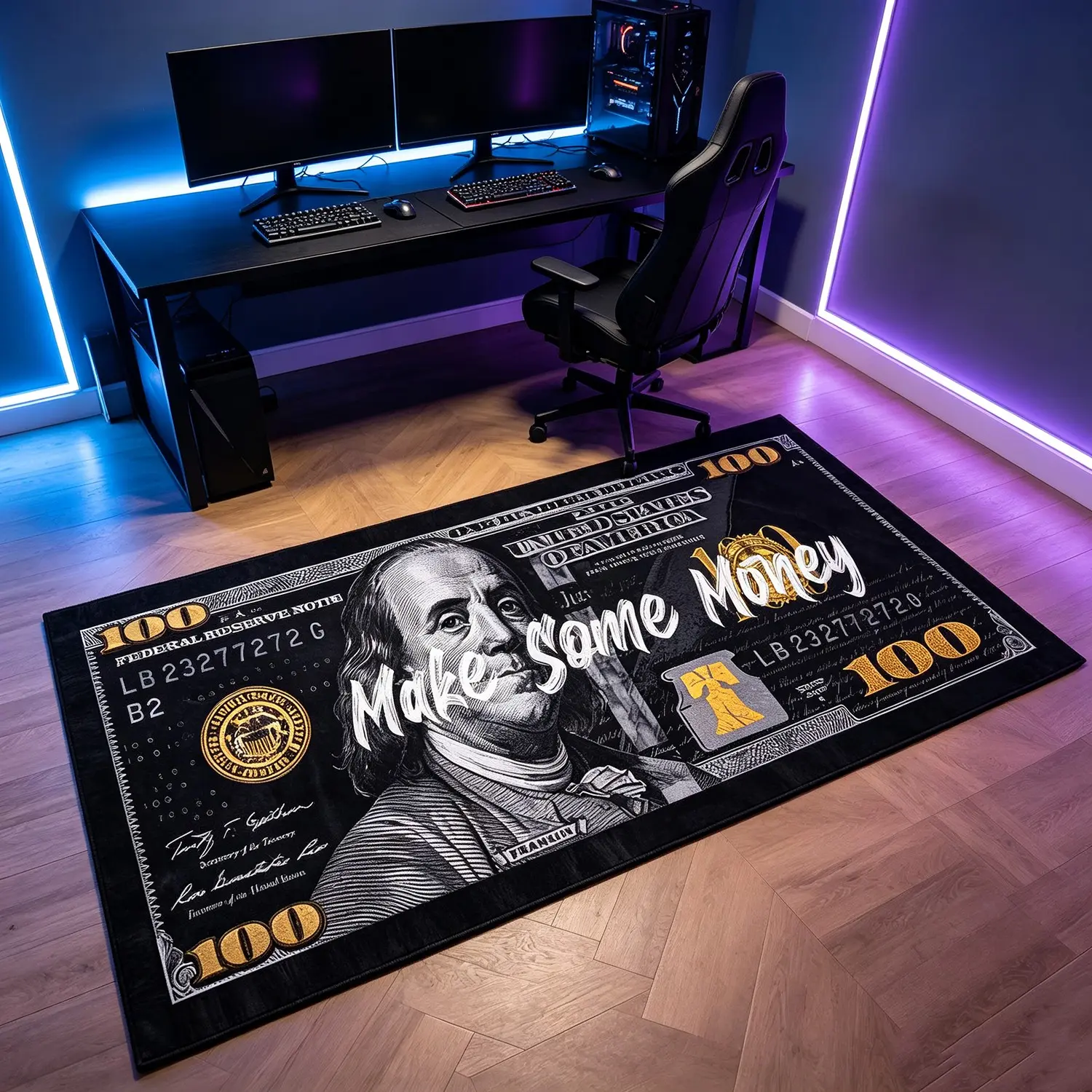 Vintage Us $100 Bill Print Rug, Personalized Character Pattern Long Mat, Inspirational Text Carpet, Washable Home Rug