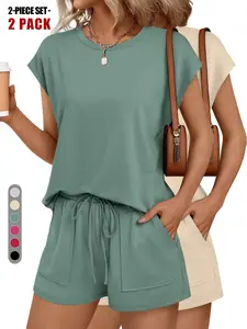 2026 Women's Solid Curved Hem Tee & Adjustable Drawstring Waist Shorts Set, Casual Cap Sleeve T-Shirt & Pocket Shorts, Ladies Sleepwear for Summer, Loungewear