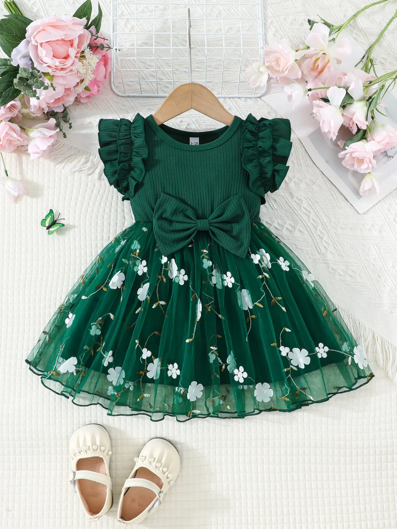 Infant Girl Dress, Stretchy Vertical Rib Knit Bodice, 3D Floral Tulle Tutu, Flutter Ruffle Shoulder, Waist Decorative Big Bow, Skin Friendly Breathable, For 6-36 Months Girls, Birthday Photoshoot Daily Play Outfit