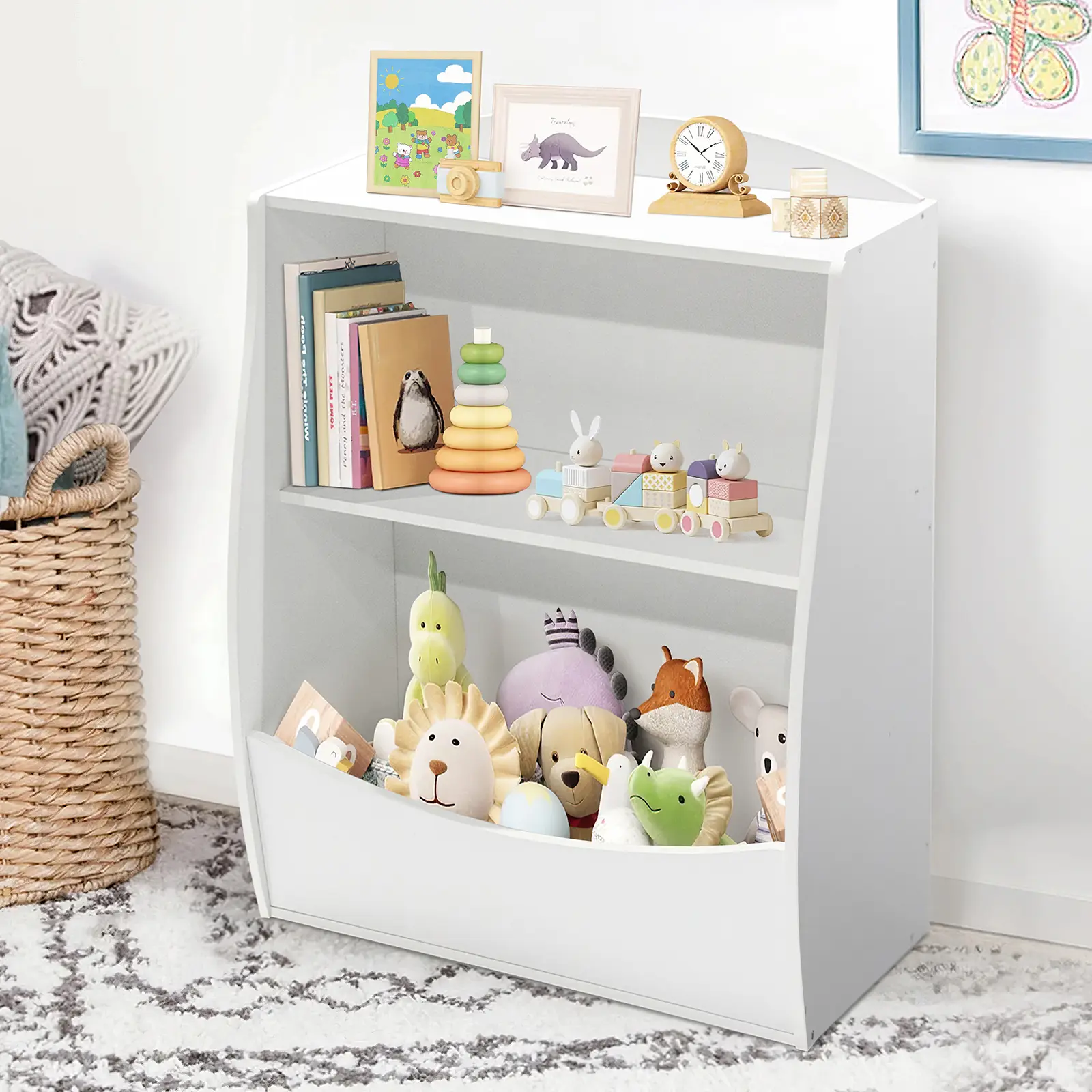2-Tier Kids Book & Toy Storage Organizer Only, Wooden Curved Bookcase with Multi-Tier Storage Cabinets, Sturdy Structure & Simple Assembly, Great for Bedrooms, Nurseries, Playrooms and Classrooms